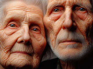 portrait of two elderly people with wrinkles on their faces and gray hair