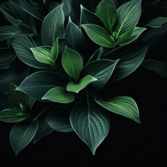  green leaves in black background created with Generative Ai