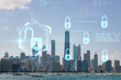 City view of Downtown skyscrapers of Chicago skyline panorama over Lake Michigan, harbor area, day time, Illinois, USA. The concept of cyber security to protect companies confidential information