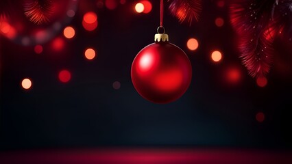 Poster - Red christmas ball with bokeh lights and copy space.