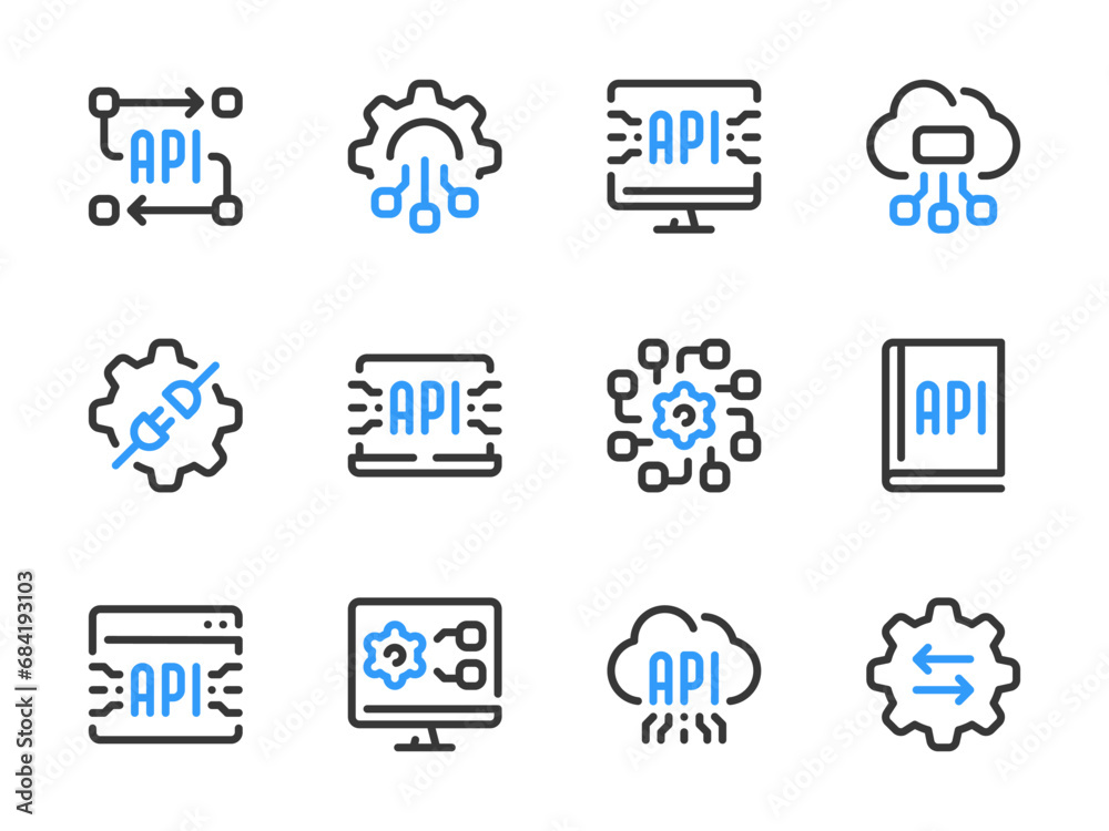 API, Software development and Data integration vector line icons ...