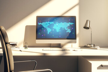 Leinwandbilder - Modern computer monitor with abstract digital world map, research and strategy concept. 3D Rendering