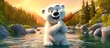 Cute Polar bear Mommy and child fishing together with smiling face,Family bear Dad and cub catching fish in sunny day in sunny day,Greeting