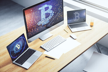 Aufkleber - Modern computer monitor with creative Bitcoin symbol. Cryptocurrency concept. 3D Rendering