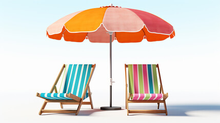 Beach umbrella and chairs isolated on white