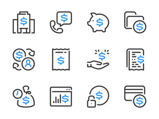 Poster - Money, Dollar and Finance vector line icons. Banking and Financial services outline icon set. Bank, Mortgage, Loan, Consumer credit, Deposit, Dividends and more.
