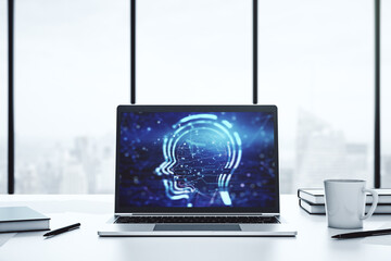 Aufkleber - Creative artificial Intelligence concept with human head hologram on modern laptop screen. 3D Rendering