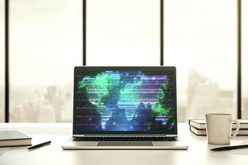Aufkleber - Modern computer monitor with abstract digital world map, research and strategy concept. 3D Rendering