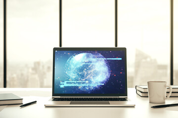 Aufkleber - Modern computer screen with abstract creative coding sketch and world map, artificial intelligence and neural networks concept. 3D Rendering
