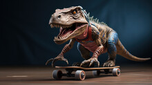 Brown And Blue Dinosaur On Skateboard  With Blue Background