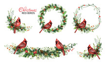Christmas Set With Garlands, Pine Wreaths And Red Cardinal Birds.
