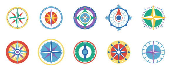 Poster - flat wind rose icons. colorful compass collection, decorative vintage nautical navigation symbols. m