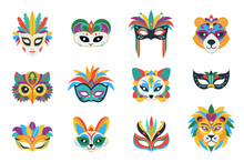 Children Carnival Mask. Abstract Festival Masks, Animals Faces And Decorative Accessories. Birthday Or Party Elements, Decent Vector Collection