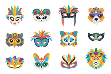 Canvas Print - Children carnival mask. Abstract festival masks, animals faces and decorative accessories. Birthday or party elements, decent vector collection