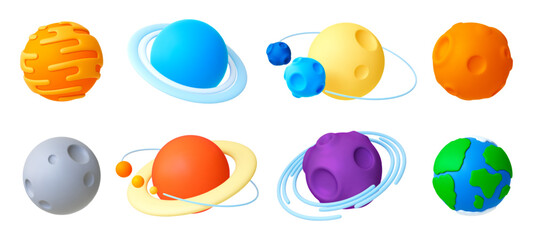 Sticker - planet 3d elements. space abstract planets realistic plastic design. moon and saturn, mars and earth