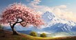 Breathtaking Display: A Blossoming Cherry Tree Amidst Majestic Mountains Generative AI