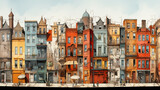 Fototapeta Uliczki - An artistic collage of townhouses in a vibrant city.  