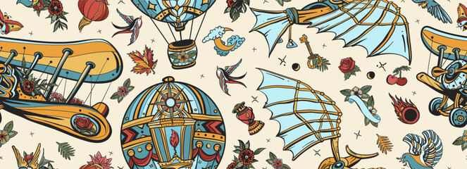  Medieval flying machines seamless pattern. Air balloon, retro airplane. Old school tattoo art. Leonardo Da Vinci style