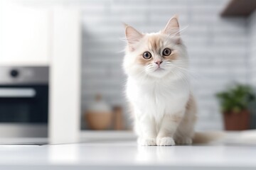 Wall Mural - White domestic cat sitting on modern kitchen counter. Pet on kitchen table on sunny day at home. Light scandinavian interior design. Cozy place for cooking with copy space