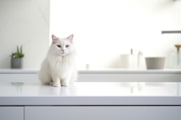 Wall Mural - White domestic cat sitting on modern kitchen counter. Pet on kitchen table on sunny day at home. Light scandinavian interior design. Cozy place for cooking with copy space