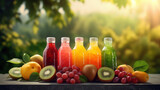 Fototapeta  -   bottles of fruit juice with fresh fruits with nature green background.generative ai