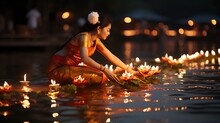 Beautiful Thai Woman In Thai Dress On A Wooden Background And Holding A Krathong. To Float In The Lake On Loy Krathong Day. Generate AI