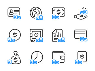 Poster - Money, Dollar and Finance vector line icons. Stack of coins and Savings outline icon set. Money management, Bank deposit, Money bag, Cashback, Wallet, Donations and more.