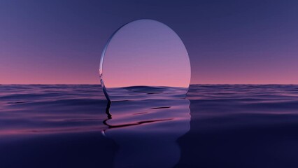 Wall Mural - wave sea beach and round mirror on sunset sky abstract background. nature and summer concept. 3d ren