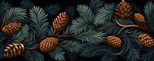 Merry Christmas Fir Tree Branches Garland With Brown Pine Cones On Dark Background. Festive Background. Winter Holiday Frame, Border, Template, Element For Poster, Flyer, Brochure, Card, Banner