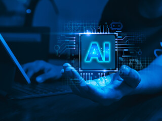 Aufkleber - AI generated, futuristic technology. AI chip in businessman hand who work with laptop computer. Artificial intelligence innovation and global online network connection for access to digital service.