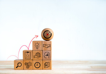 Poster - business goal with growth success process for leadership concept. target icon on wood ball on top of