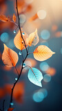 Fototapeta Kwiaty - a close up shot of many colorful leaves on a branch, in the style of light bronze and light blue created with Generative Aiv