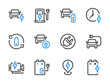 © NikWB - Electric car and Vehicle charging vector line icons. Auto charger, Battery and Electro engine outline icon set.