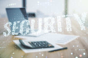 Poster - Virtual cyber security creative concept on calculator and laptop background. Double exposure