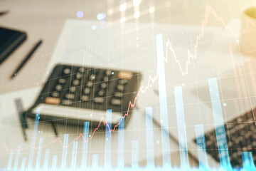 Aufkleber - Abstract virtual financial graph hologram on blurry calculator and computer background, financial and trading concept. Multiexposure