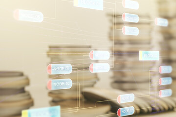 Poster - Abstract virtual coding illustration on coins background, software development concept. Multiexposure