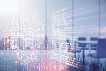 Poster - Double exposure of abstract virtual creative code skull hologram on a modern meeting room background. Malware and cyber crime concept