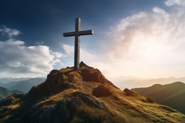 Wall Mural - Wooden cross on the top of the mountain with clouds on the background