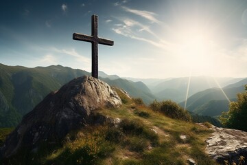 Wall Mural - Wooden cross on the top of the mountain with clouds on the background