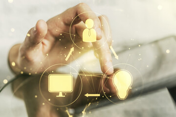 Poster - Social network media concept with finger presses on a digital tablet on background. Double exposure
