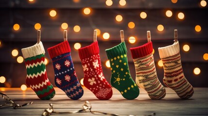 Canvas Print - A row of christmas socks hanging on a clothes line