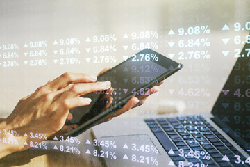 Poster - Abstract creative stats data concept with finger clicks on a digital tablet on background. Multiexposure