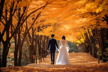 bride and groom walking in the park