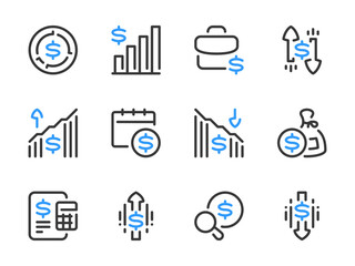  - Money, Dollar and Finance vector line icons. Trading market and Financial analytics outline icon set. Stock portfolio, Trading schedule, Market profit, Investment search, Stock sales and more.