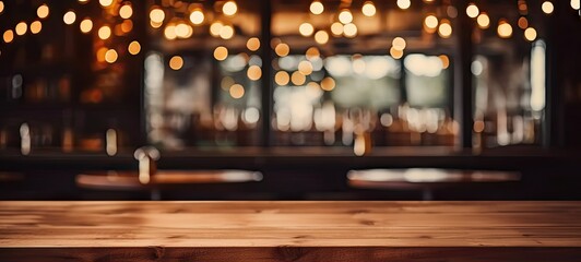 Elegant interior ambiance. Vintage inspired blurred background featuring dimly lit dining space with empty wooden table cozy chairs and subtle bokeh lights ideal for cafe and restaurant concepts