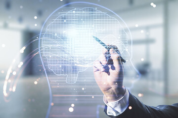 Poster - Double exposure of man hand with pen working with creative artificial Intelligence hologram on blurred office background. Neural networks and machine learning concept