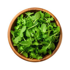 Wall Mural - top view of arugula vegetable in a wooden bowl isolated on a white transparent background 