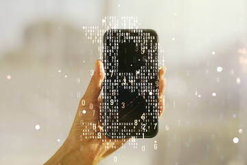 Poster - Creative Bitcoin concept and hand with mobile phone on background. Double exposure