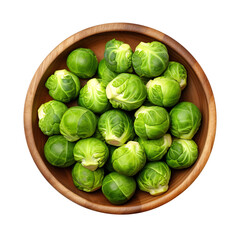 Wall Mural - top view of Brussels sprouts vegetable in a wooden bowl isolated on a white transparent background 