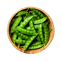 Wall Mural - top view of snow peas vegetable in a wooden bowl isolated on a white transparent background 